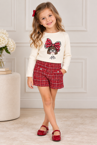 Mayoral Girls Ivory & Red Tweed Shorts Set