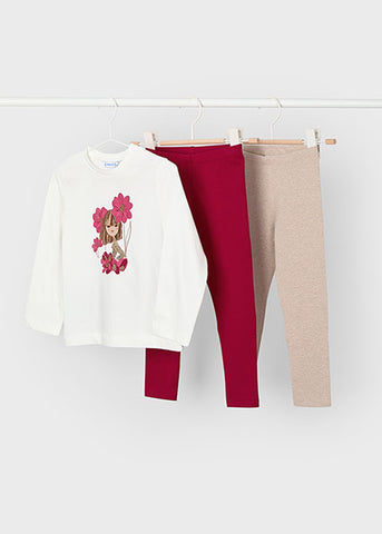 Mayoral Red & Beige Girl Print 3-Piece Leggings Set