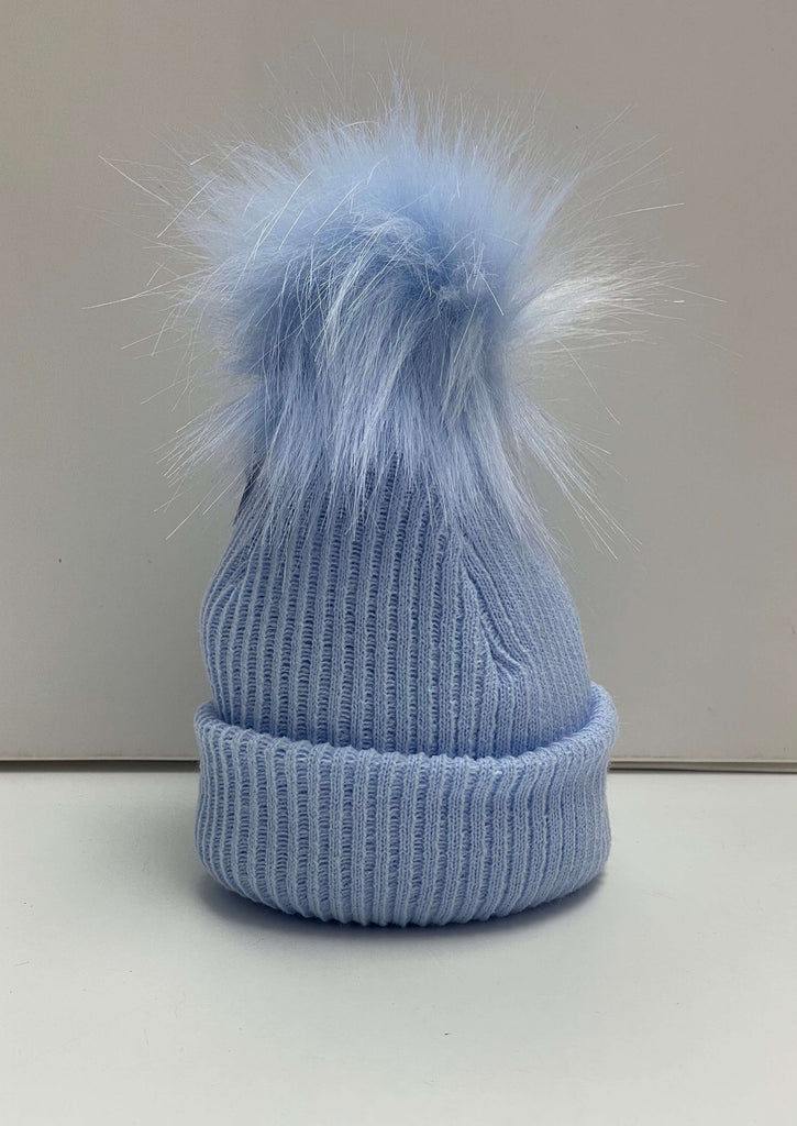 Kinder Boys Blue Knit Faux Fur Pom Hat
