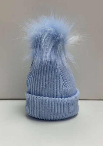 Kinder Boys Blue Knit Faux Fur Pom Hat
