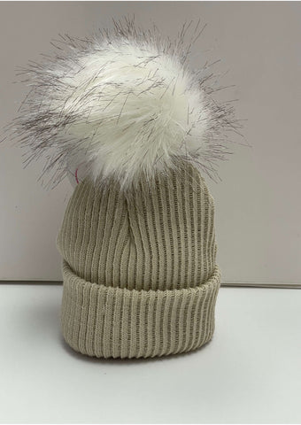 Kinder Beige Faux Fur Pom Pom Hat