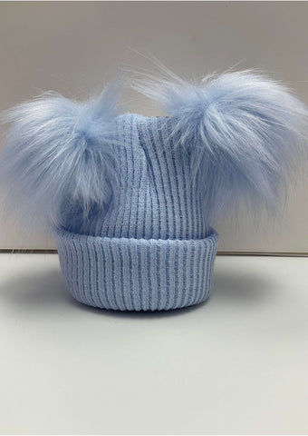 Kinder Blue Double Faux Pom Pom Hat