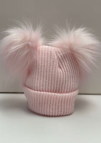 Kinder Pink Knitted  Double Pom Pom Hat