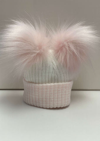 Kinder White & Pink Striped Double Faux Fur Hat