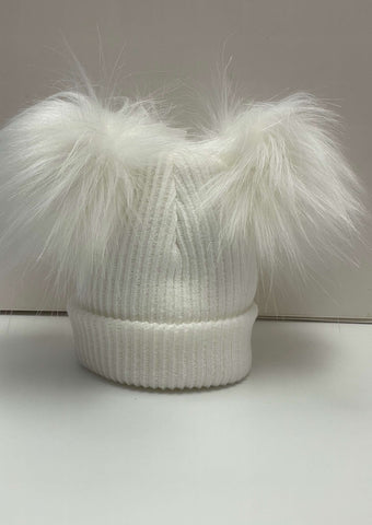 Kinder White Knitted Double Pom Pom Hat