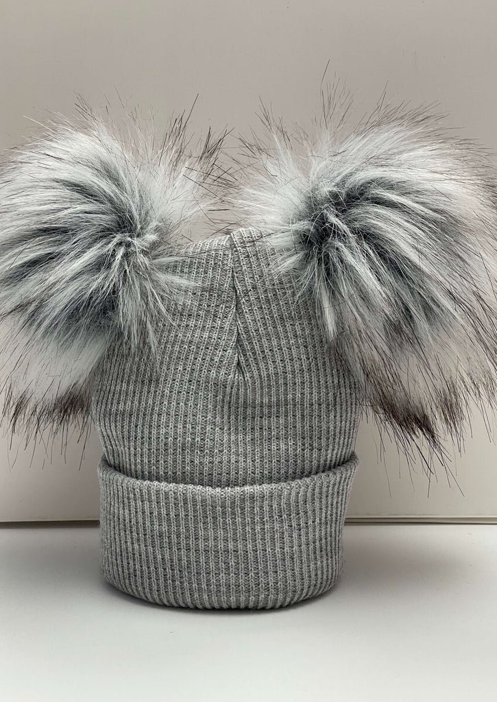 Kinder Grey Knitted Double Pom Pom Hat | Kids Winter Hats