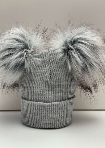 Kinder Grey Knitted Double Pom Pom Hat | Kids Winter Hats