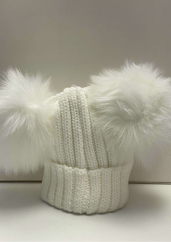 Kinder White Ribbed Double Faux Fur Hat