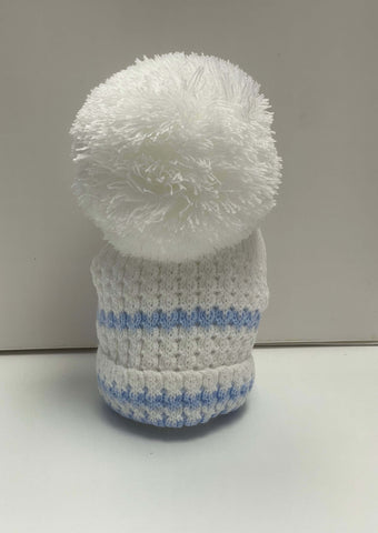 Kinder White & Blue Stripe Trim Large Pom Pom Hat