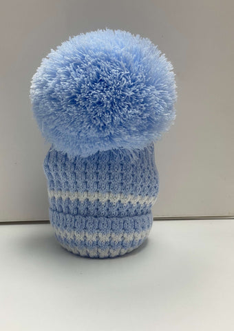 Kinder Blue & White Stripe Trim Pom Pom Hat