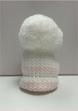 Kinder White & Pink Stripe Trim Large Pom Pom Hat