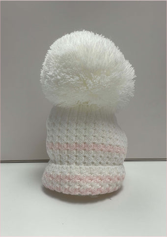 Kinder White & Pink Stripe Trim Large Pom Pom Hat