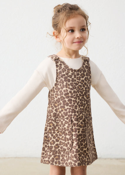 Mayoral Leopard Print Denim Pinafore Dress Set