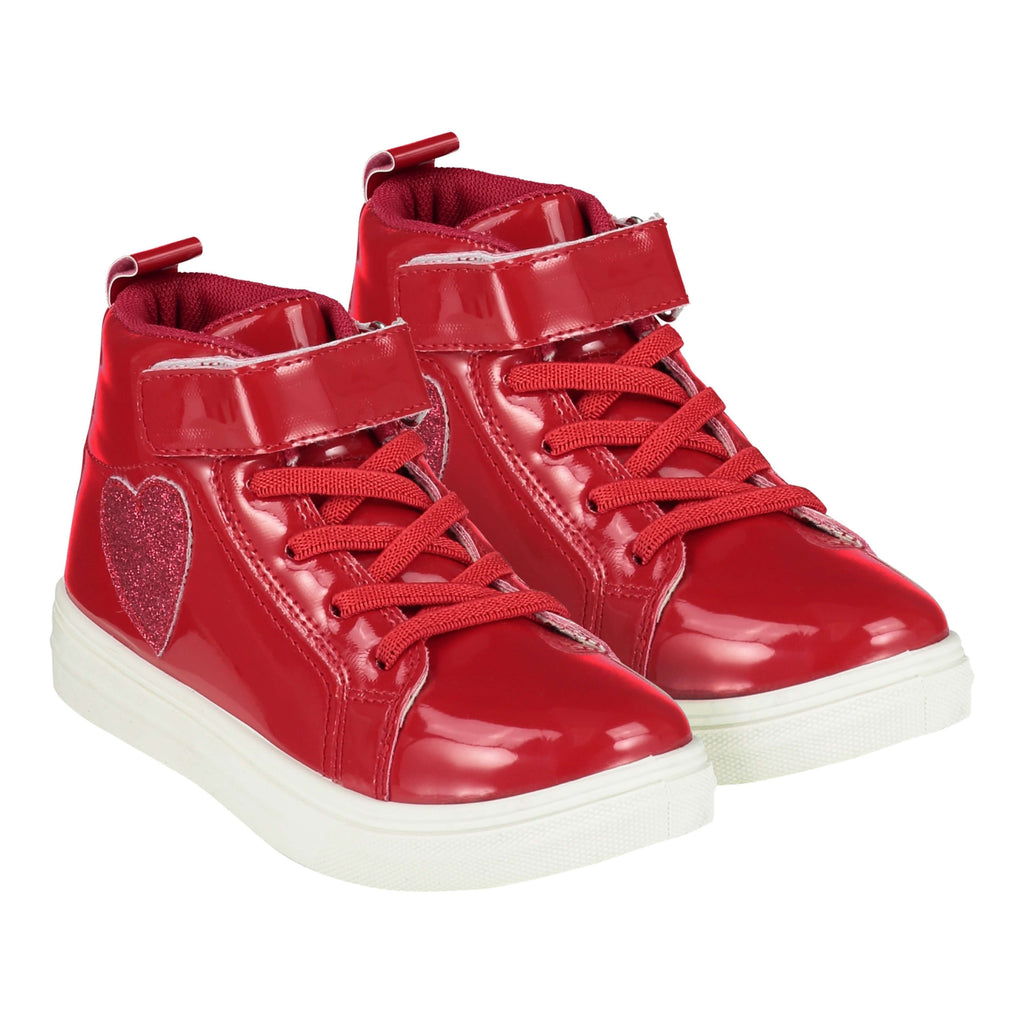 A DEE RED HIGH TOP TRAINERS